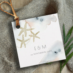 GULD DUSKY BLUE BEACHY STARFISH MONOGRAM BRÖLLOP GÅVOR ETIKETTER