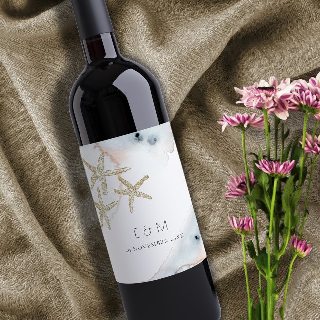 GULD DUSKY BLUE BEACHY STARFISH MONOGRAM BRÖLLOP VINFLASKA ETIKETT (Skapare uppladdad)