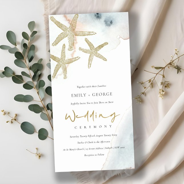 GULD DUSKY BLUE BEACHY STARFISH WEDDING INVITE TACK KORT (Skapare uppladdad)