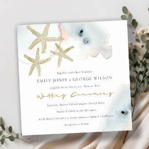 GULD DUSKY BLUE BEACHY STARFISH WEDDING INVITE TACK KORT