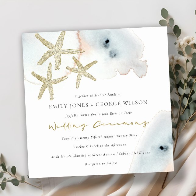 GULD DUSKY BLUE BEACHY STARFISH WEDDING INVITE TACK KORT (Skapare uppladdad)