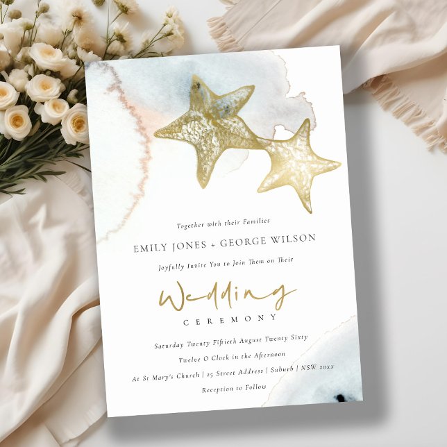 GULD DUSKY BLUE BEACHY STARFISH WEDDING INVITE TACK KORT (Skapare uppladdad)