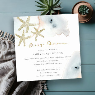 Guld Dusky Blue Peach Beachy Starfish Baby Shower Inbjudningar