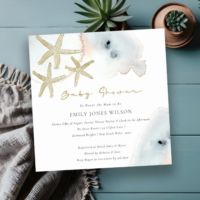 Guld Dusky Blue Peach Beachy Starfish Baby Shower Inbjudningar (Skapare uppladdad)