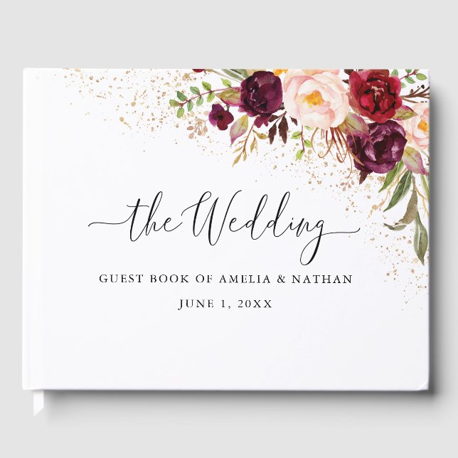 Guld Dust Burgundy Blommigt Bröllop Gästböcker (Framsida)