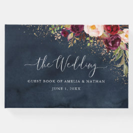 Guld Dust Burgundy Navy Blommigt Bröllop Gästböcker