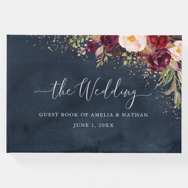 Guld Dust Burgundy Navy Blommigt Bröllop Gästböcker (Framsida)