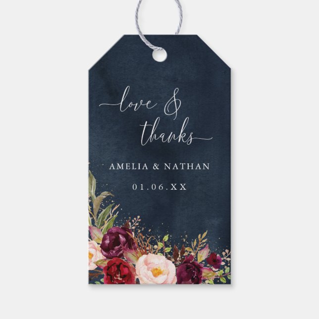 Guld Dust Burgundy Navy Blommigt Bröllop Presentetikett (Framsidan)