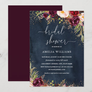 Guld Dust Burgundy Navy Blommigt Möhippa Inbjudningar