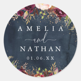 Guld Dust Burgundy Navy Blommigt Watercolor Bröllo Runt Klistermärke