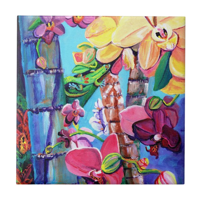 Guld Dust Day Hawaiian Gecko med Orchids Kakelplatta (Framsidan)