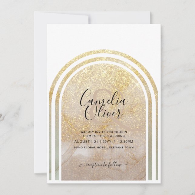 Guld Dust | Elegant Guld Glitter Arch Bröllop Inbjudningar (Framsida)
