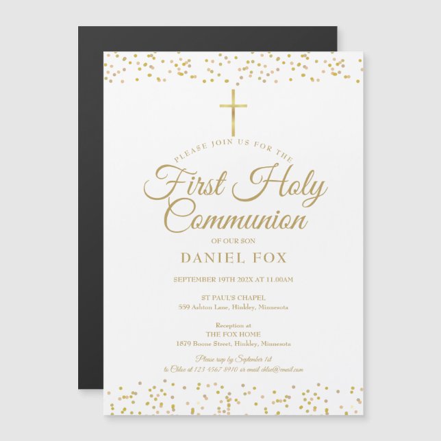 Guld Dust First Heliga Communion Magnetisk Inbjudningskort (Fram/baksida)