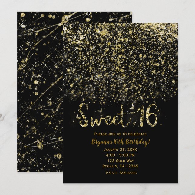 Guld Dust Glitter & Black Sweet 16 sexton Party Inbjudningar (Fram/baksida)