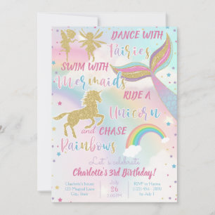 Guld Dust Magic Unicorn Fairy Sjöjungfru Birday Inbjudningar