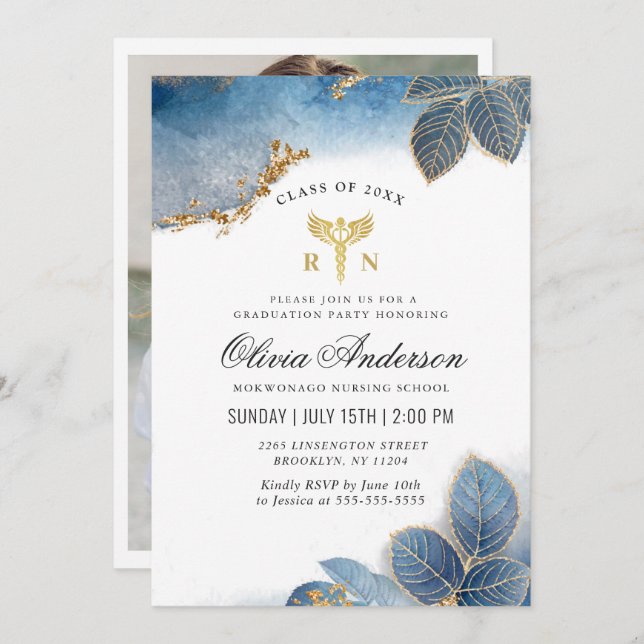 Guld Dusty Blue PHOTO Nursing School Studenten Inbjudningar (Fram/baksida)