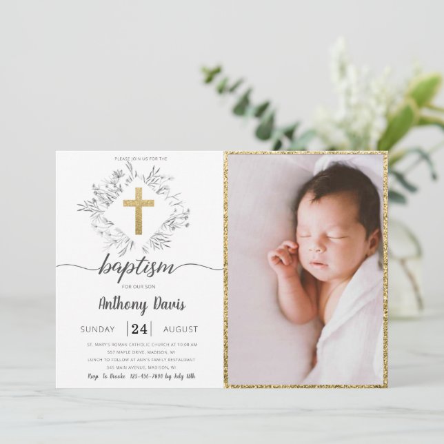 Guld Dusty Grått Baptism- inbjudan med foto (Stående Fram)