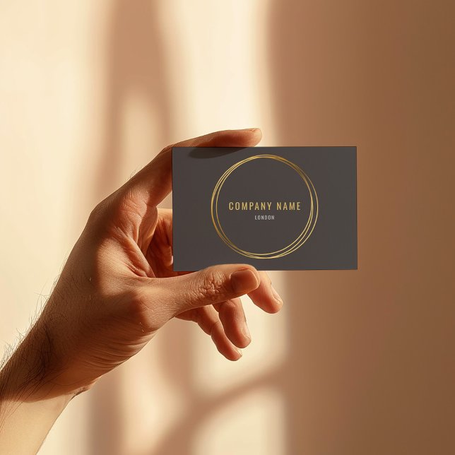 Guld, effekt, guld ringar, grått-bakgrundstext fet visitkort (Sleek dark grey business card with gold foil circle and modern minimalist text)