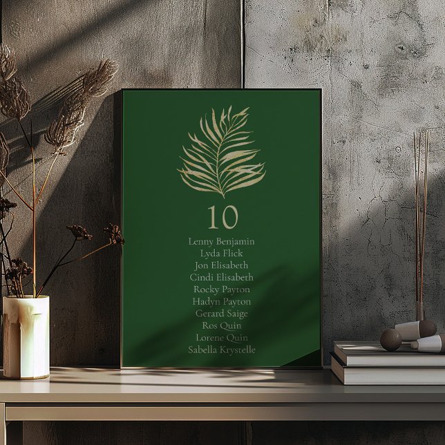 Guld, effekt, handflatan löv Bordsnummer, sittdiag Inbjudningar (Pretty gold effect palm leaves with green background wedding reception party table number plant)