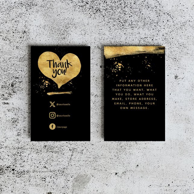 Guld effekt kund tack hjärtinsats kort (A black insert card with a gold heart saying "Thank you" and social media details beneath it.)