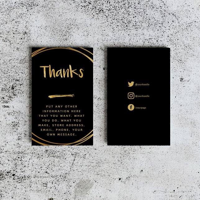Guld, effekt, svart tack social länkar tilläggskort (Black insert card that says "thanks" in fun gold text with gold rings and social media details.)