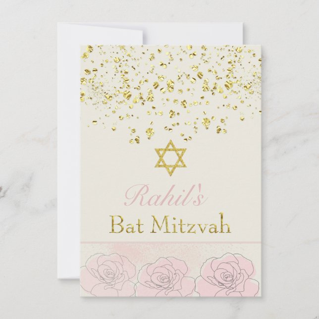 Guld-effektkonfetti, rosa ros Bat mitzvah Inbjudan (Framsida)