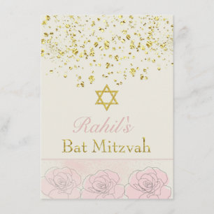 Guld-effektkonfetti, rosa ros Bat mitzvah Inbjudan