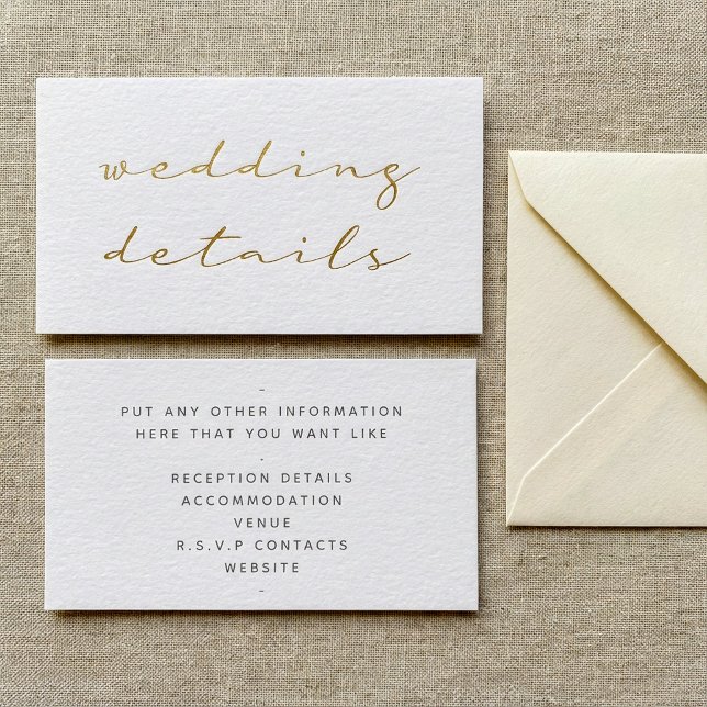 Guld-effektskript, detaljinformation vit tilläggskort (Gold effect script, the details white enclosure card.)