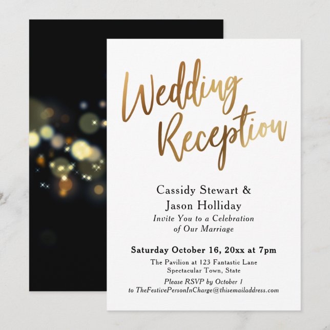 Guld Efter Bröllopsfesten, Bokeh Svart Bakgrund Inbjudningar (Fram/baksida)