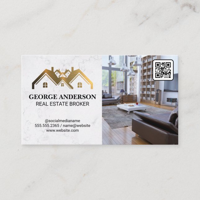 Guld Egendom Logotyp | Levande rum | QR-kod Visitkort (Framsida)