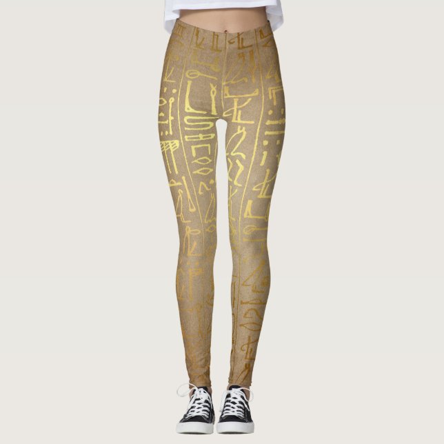 Guld- egyptisk Hieroglyphicsdamasker för vintage Leggings (Framsida)