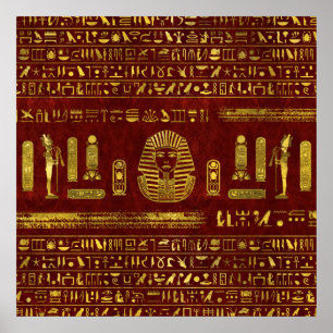 Guld- egyptisk Sphinx på rött läder Poster