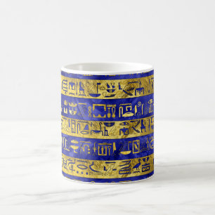 Guld- egyptisk sten för hieroglyphsmönsterblått kaffemugg