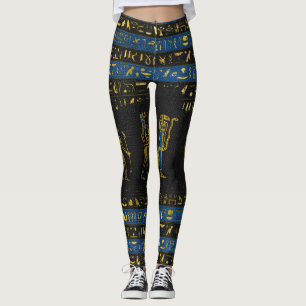 Guld- egyptiska gudar och hieroglyphics på läder leggings