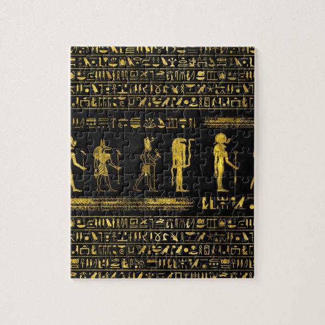 Guld- egyptiska gudar och hieroglyphics på läder pussel (Vertikal)