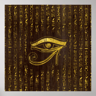 Guld- egyptiskt öga av Horus och hieroglyphics Poster