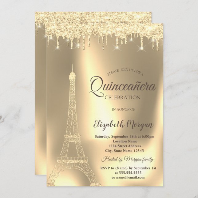 Guld Eiffel Torn,Chic Drips Quinceañera Inbjudningar (Fram/baksida)