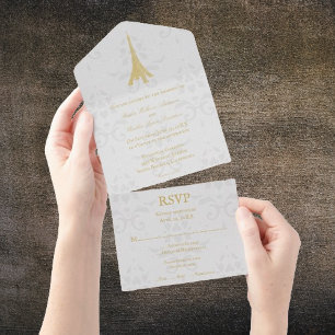 Guld Eiffel Torn Damask allt på en bröllopsinbjuda