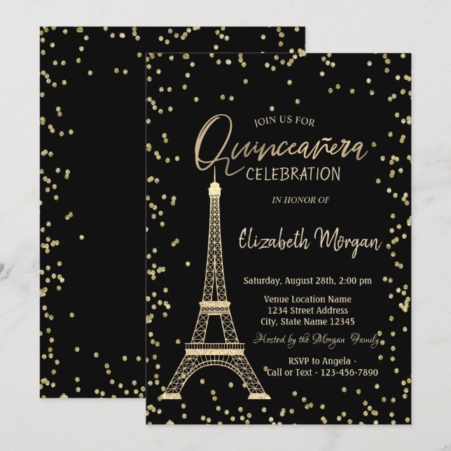Guld Eiffel Torn Diamonds Black Quinceanera Inbjudningar (Fram/baksida)