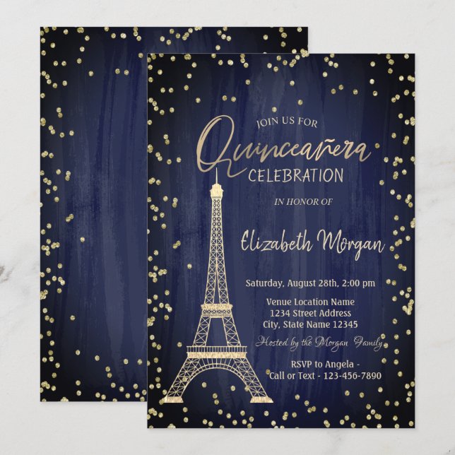 Guld Eiffel Torn Diamonds Navy Blue Quinceanera Inbjudningar (Fram/baksida)