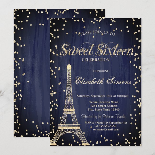 Guld Eiffel Torn Diamonds Navy Blue Sweet 16 Inbjudningar (Fram/baksida)