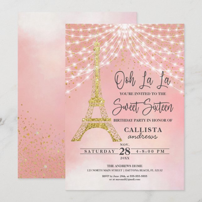 Guld Eiffel Torn Glitter Sparkles Ljus Sweet 16 Inbjudningar (Fram/baksida)