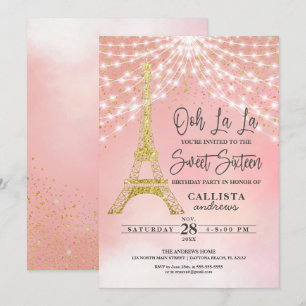 Guld Eiffel Torn Glitter Sparkles Ljus Sweet 16 Inbjudningar