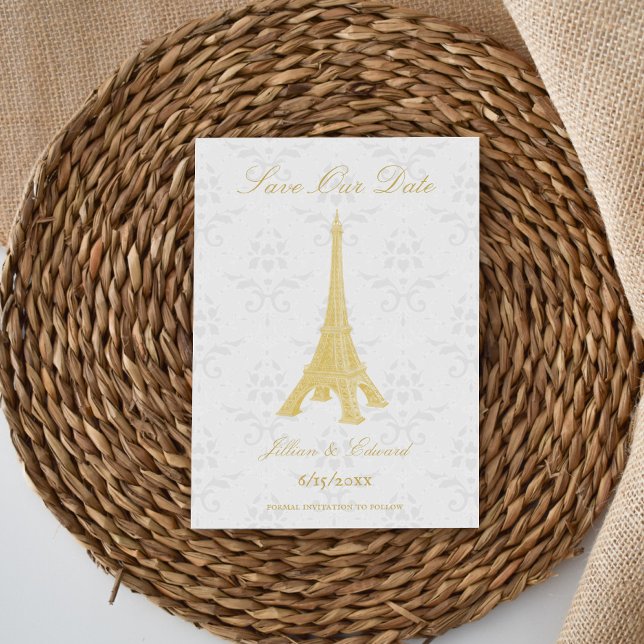Guld Eiffel Torn-skadbe sparar datum Meddelande (Gold Eiffel Tower Damask Save the Date)