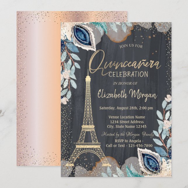 Guld Eiffeltorn, Blommor, Rose Gold Quinceanera Inbjudningar (Fram/baksida)