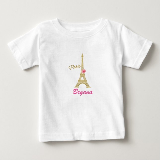 Guld Eiffeltorn Paris & Rosa Ros Anpassad T-shirt (Framsida)
