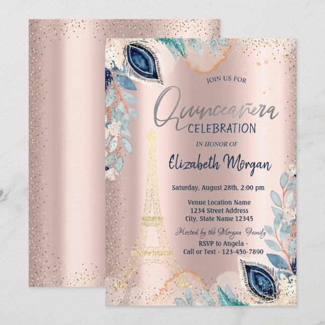 Guld Eiffeltornet, Blommor, Roséguld Quinceañera Inbjudningar (Fram/baksida)