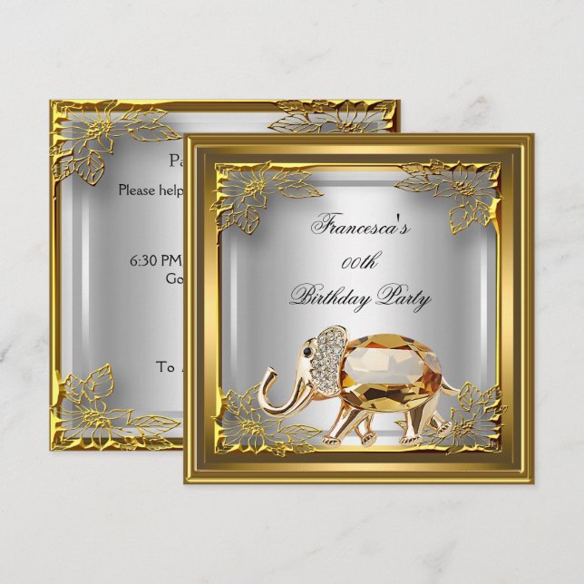 Guld Elefant Elite Elegant Födelsedagsfest Vit Inbjudningar (Fram/baksida)
