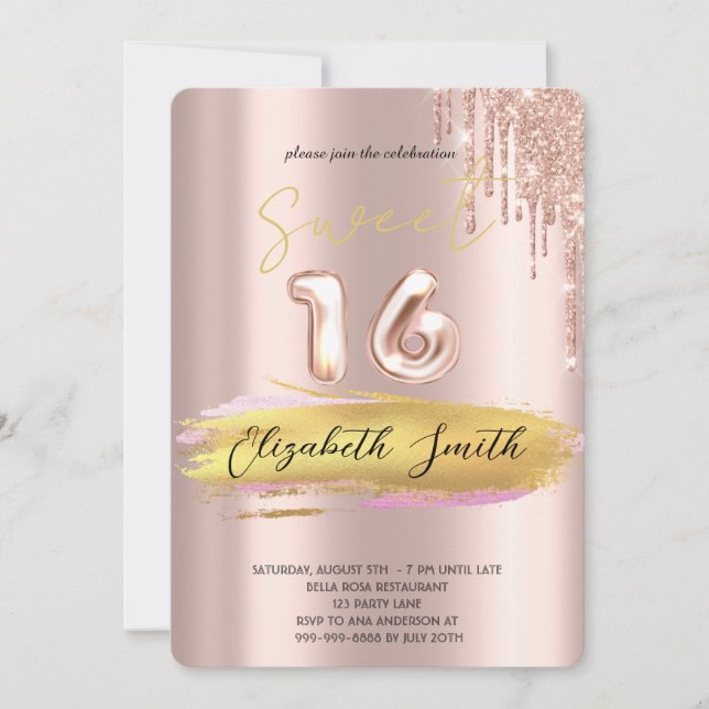 Guld elegance, inbjudan till sweet sixteen vid ro  (Framsida)