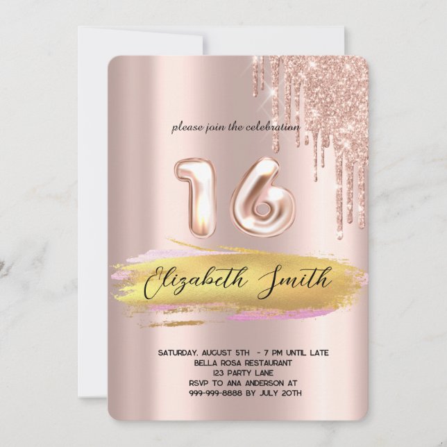 Guld elegance, ro guld sweet sixteen bjudande in inbjudningar (Framsida)